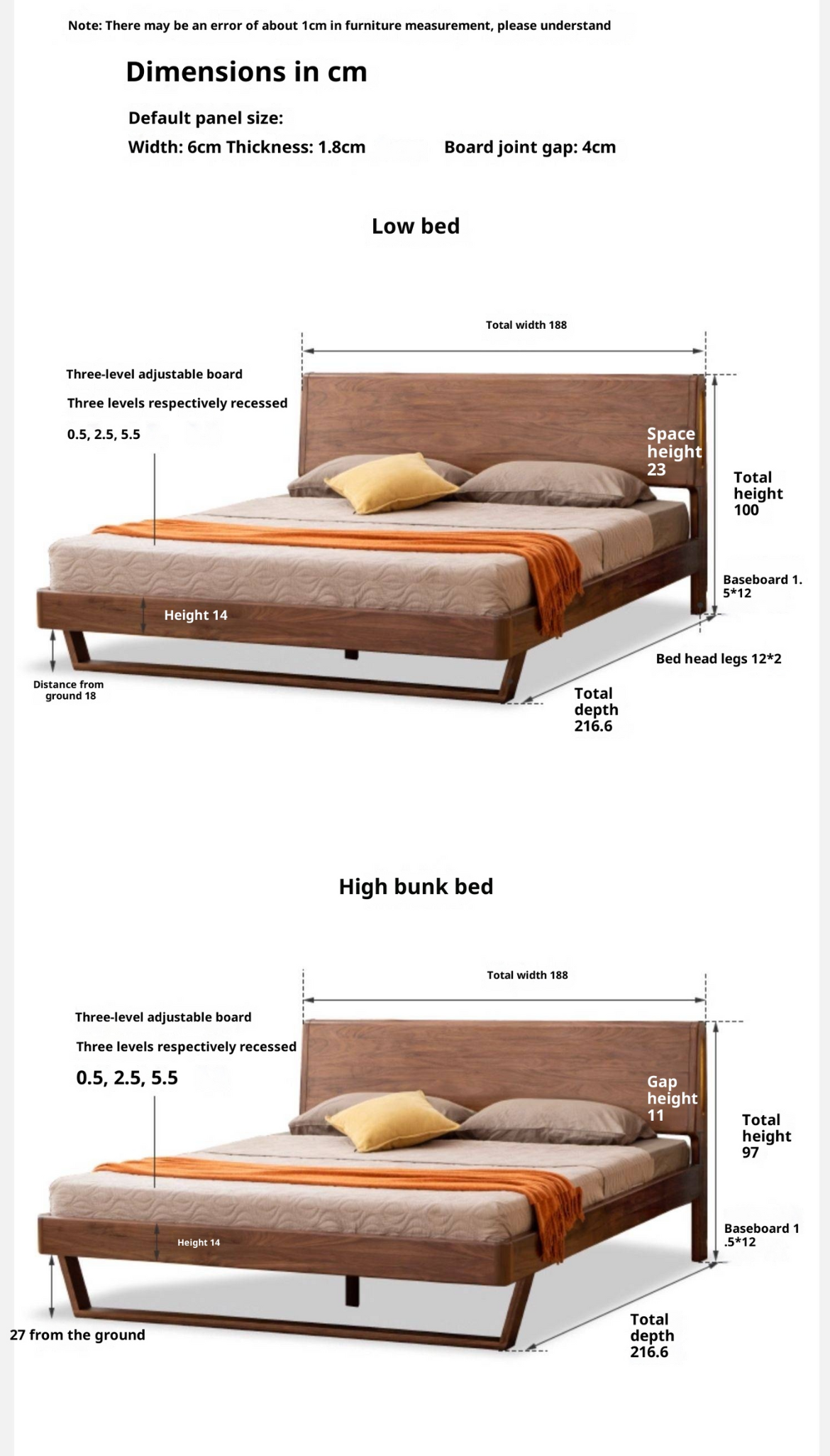 Black Walnut Solid Wood suspended bed with Ambient LED Headboard Lighting