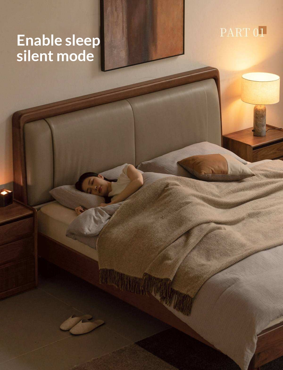 Black Walnut Solid Wood Italian Genuine Leather Bed with Down-Filled Upholstered Headboard
