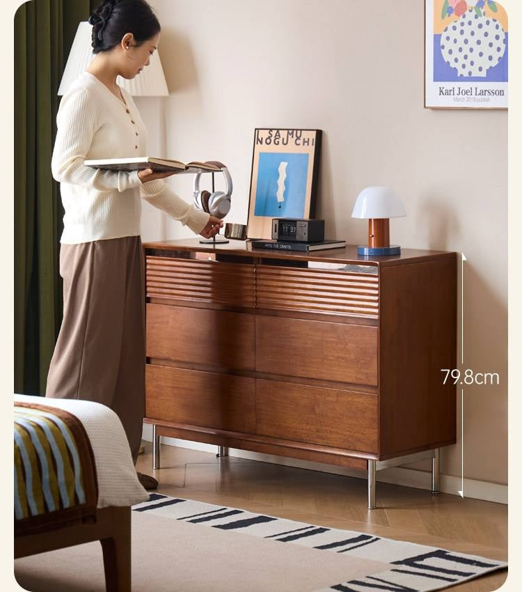 Rubberwood Solid 6-Drawer Dresser, Mid Century Bedroom Storage Cabinet