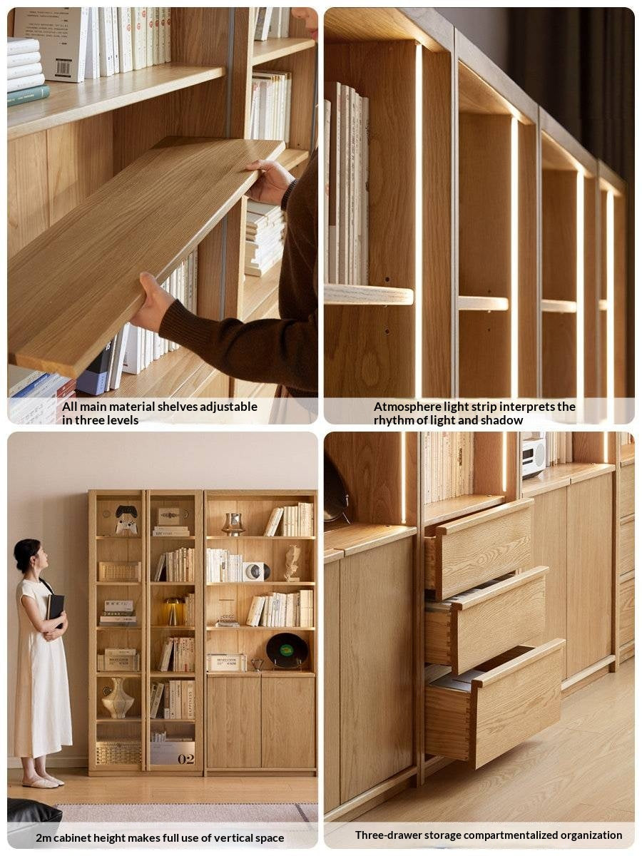 White Oak Solid Wood Bookcase and Display Cabinet with Glass Doors and Built-In Lights