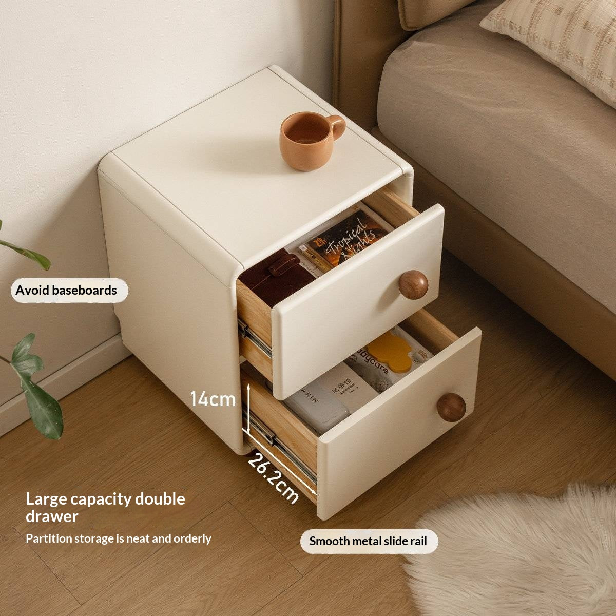 Solid Rubberwood Cream Style Narrow Nightstand