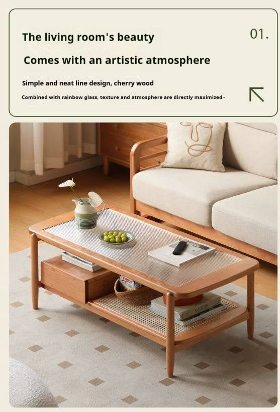 Cherry Solid Wood Coffee Table Glass, Rattan