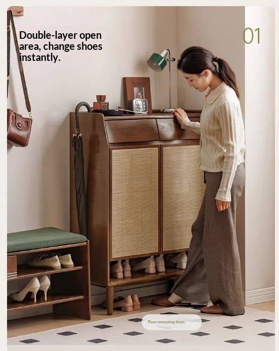 Oak Solid Wood Shoe Cabinet with Rattan Storage