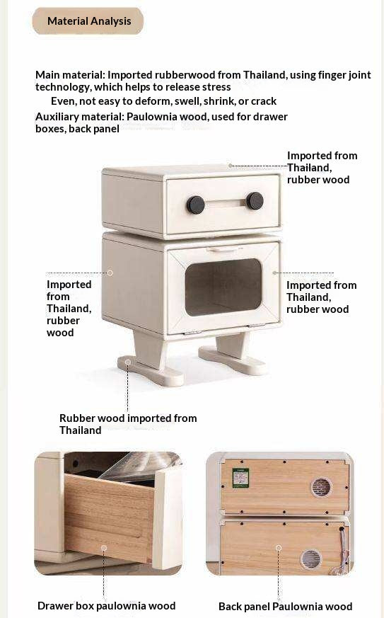 Solid Rubberwood, Oak Solid Wood Cream Style Nightstand.