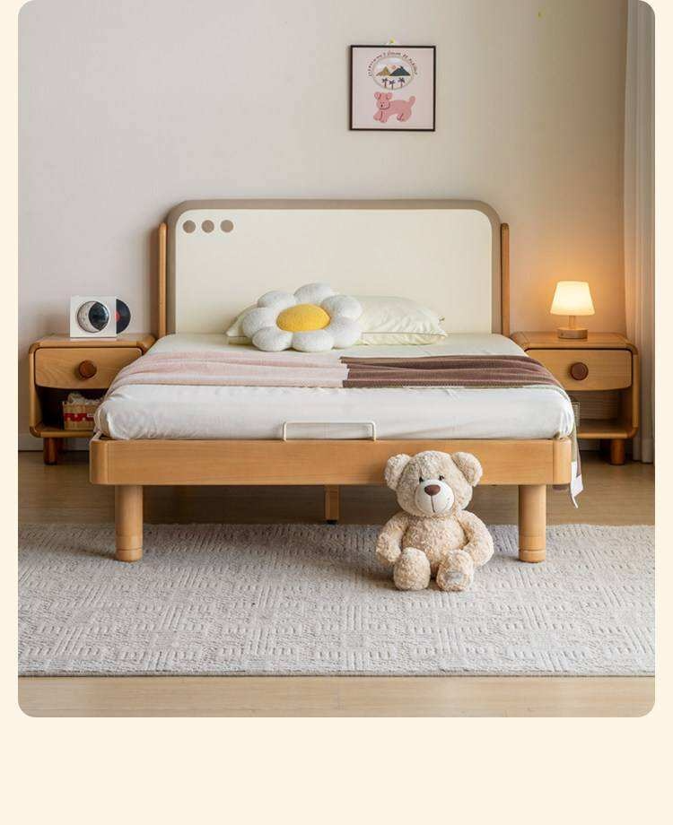 Beech Solid Wood Kids Montessori Platform Bed with Upholstered Headboard