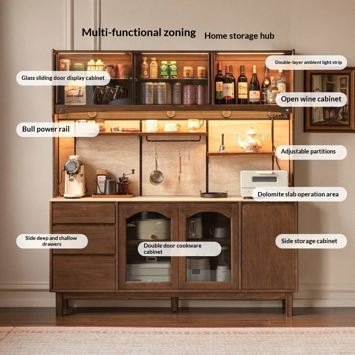 Black Walnut Solid Wood Buffet Cabinet with Retro Style and Rock Board Surface