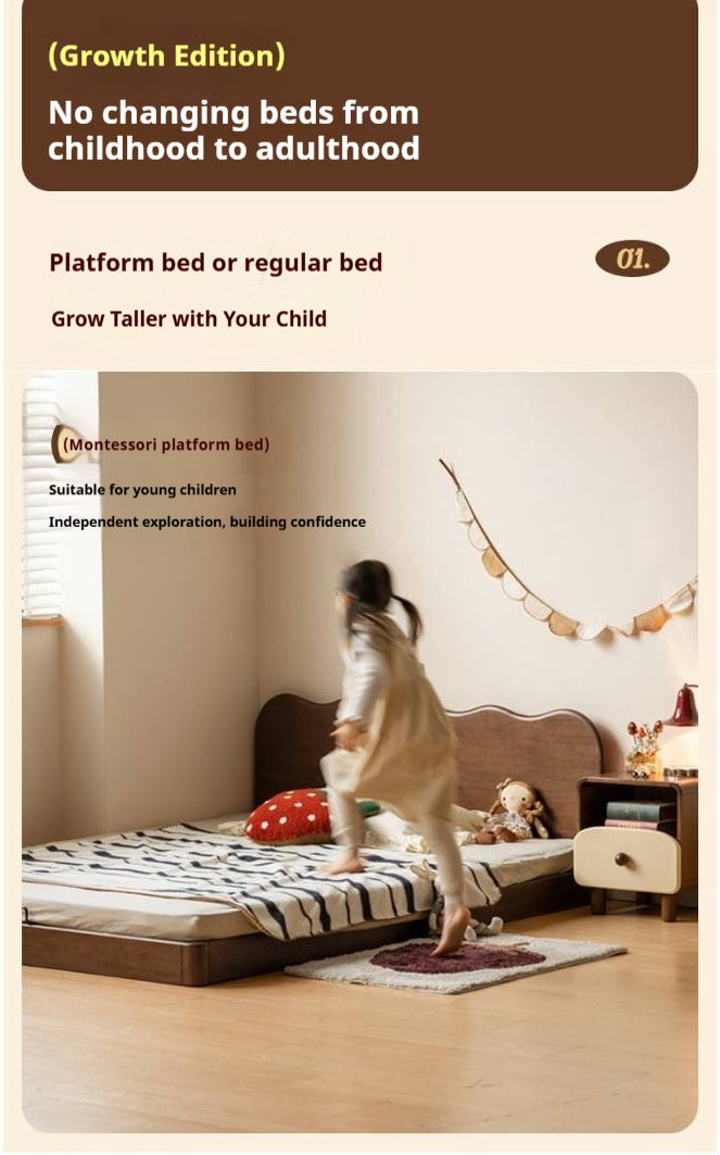 Rubberwood Solid Wood Low Kids Bed with Removable Legs and Adjustable Headboard Height