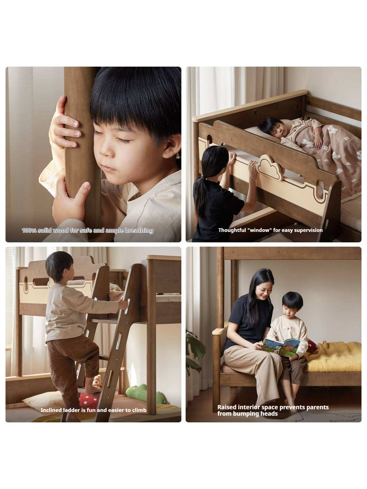 Rubberwood Solid Wood Castle-Inspired Bunk Bed with Cloud Cutout Guardrail