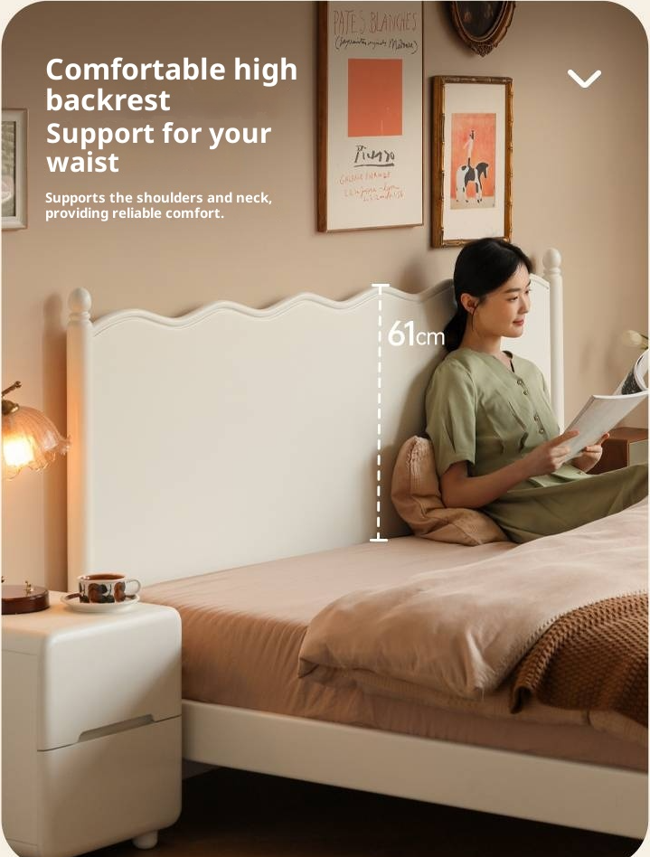 Rubberwood Solid Wood Bed, French Cream Style