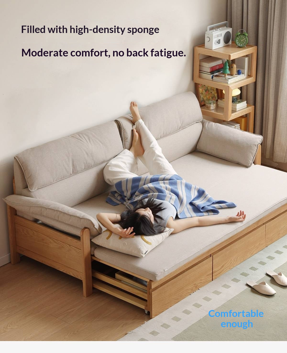 Oak Solid Wood Sofa Bed with Under-Seat Storage Drawers