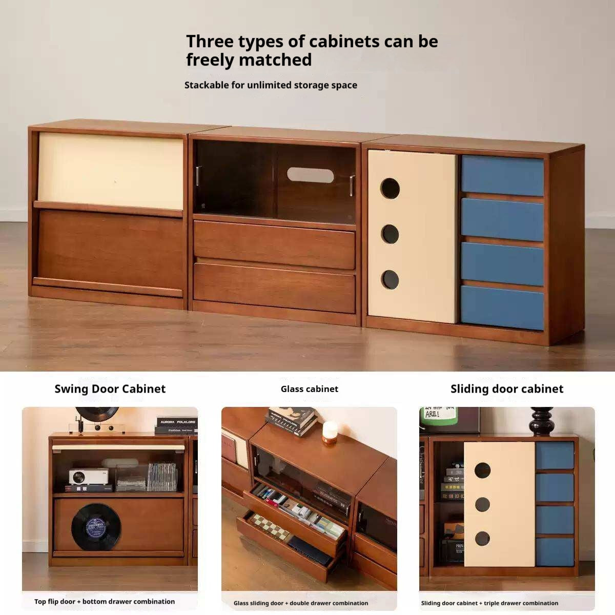 Poplar Solid Wood TV Cabinet with Vintage Style Modular Storage Design