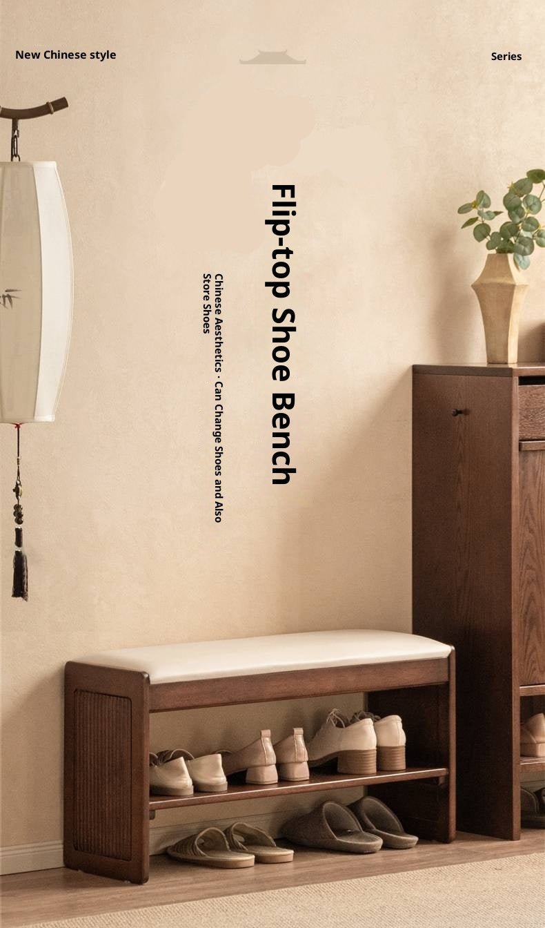 Solid Rubberwood Entryway Shoe Stool with Flip Top