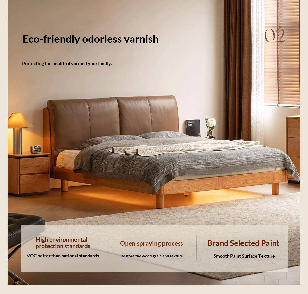 Cherry Solid Wood Bed with Genuine Leather Upholstered Headboard and LED Lighting