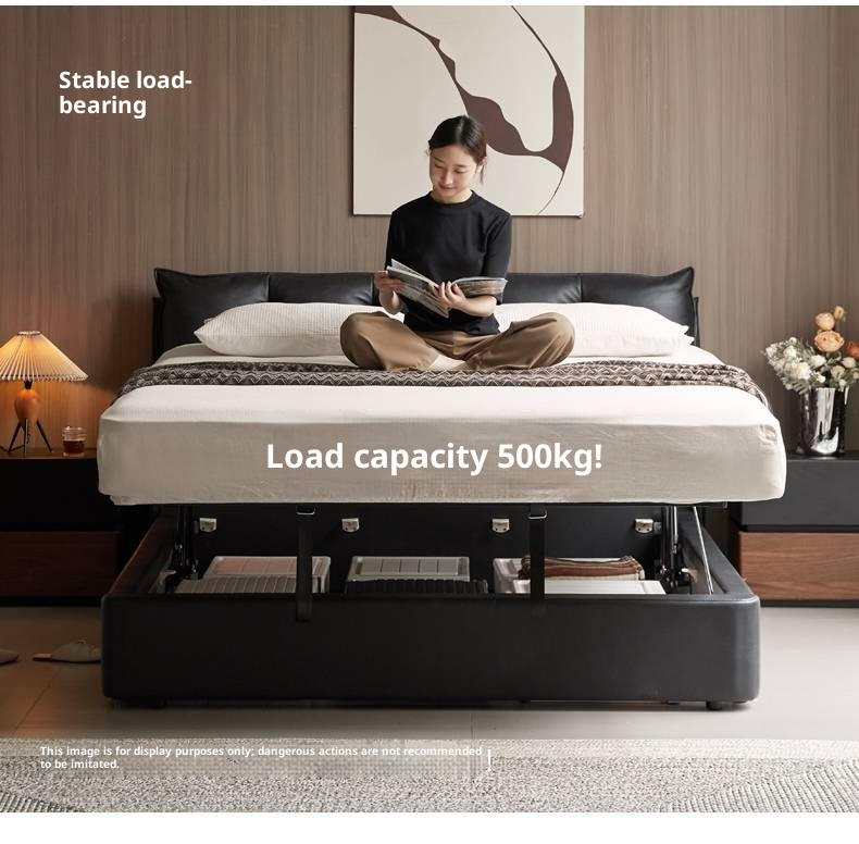 Genuine Leather Black Light Luxury Box Bed