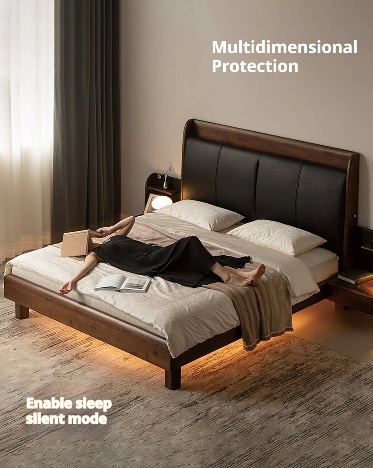 Black Walnut Solid Wood Genuine Leather Curved Leather Bed with Floating Base and LED Lighting