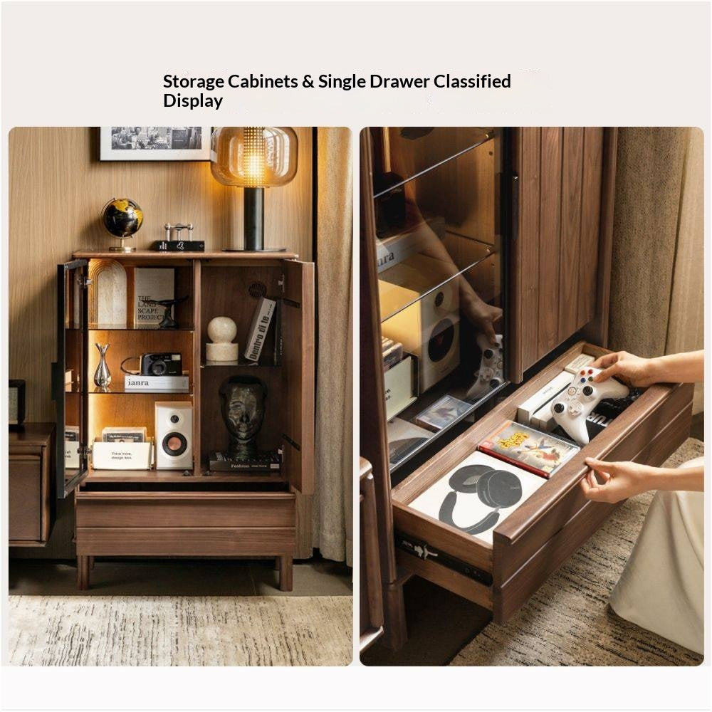 Black Walnut Solid Wood, Solid Longan Hardwood Wine Bar Cabinet with LED Lighting and Glass Door