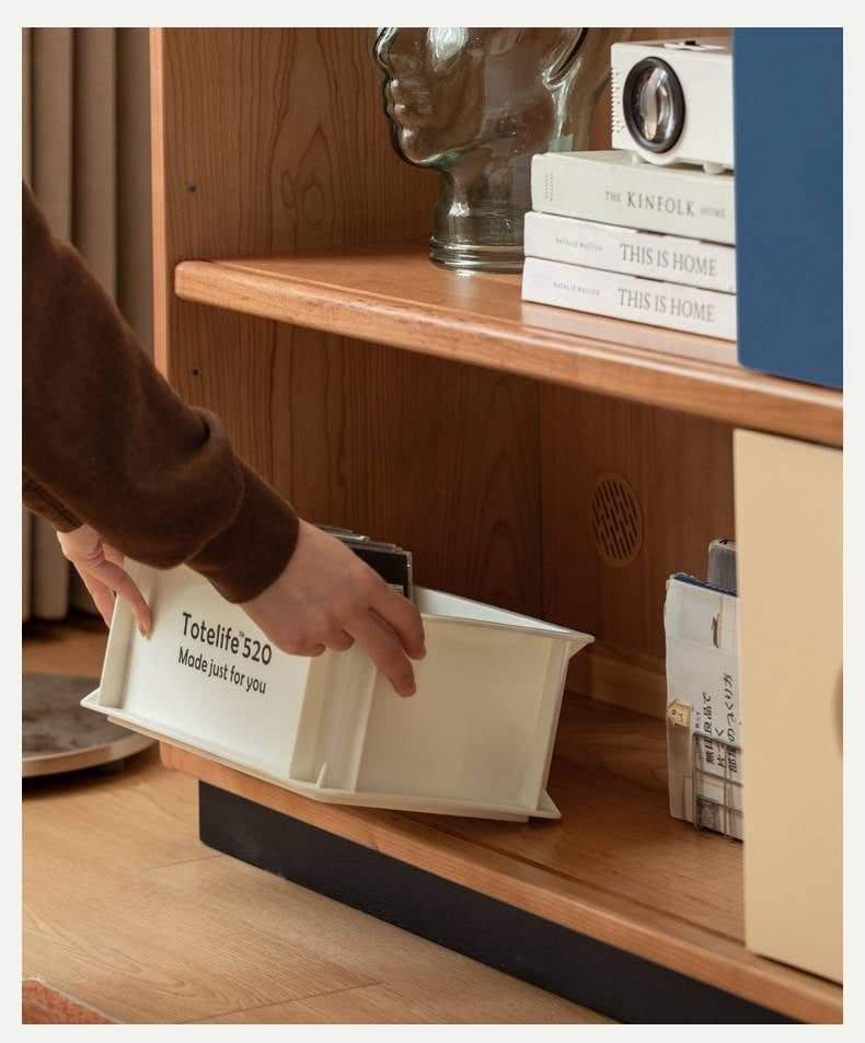 Cherry Solid Wood Vintage TV Stand with Wall-Mounted Tall Cabinet Design