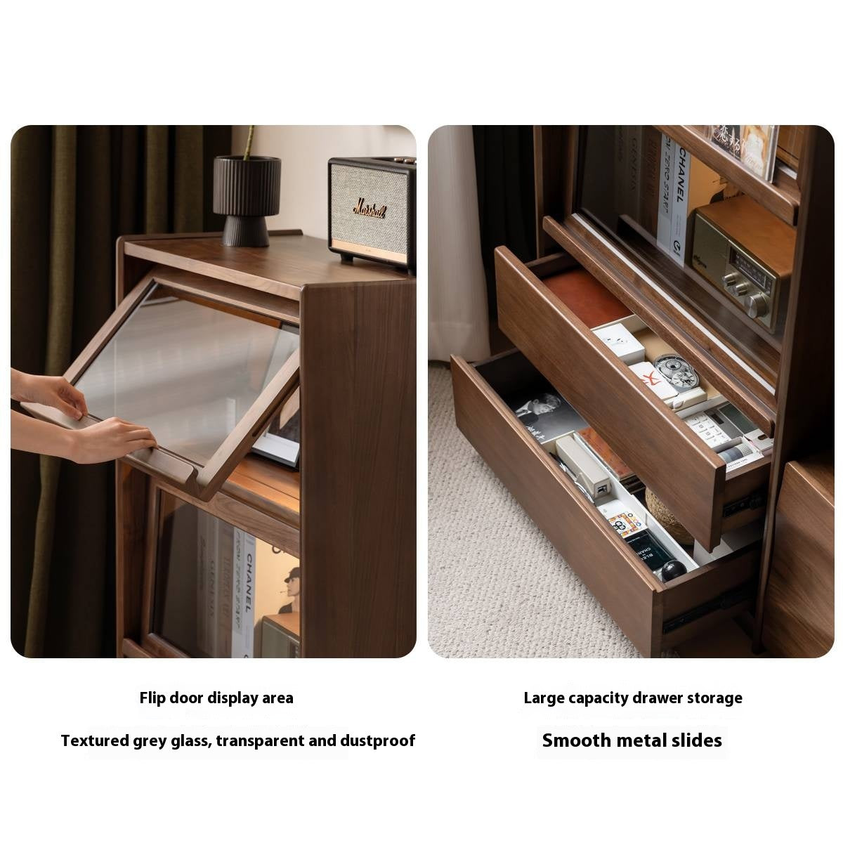 Black Walnut, Solid Longan Hardwood, Ash Solid Wood Modern Style Side Cabinet.