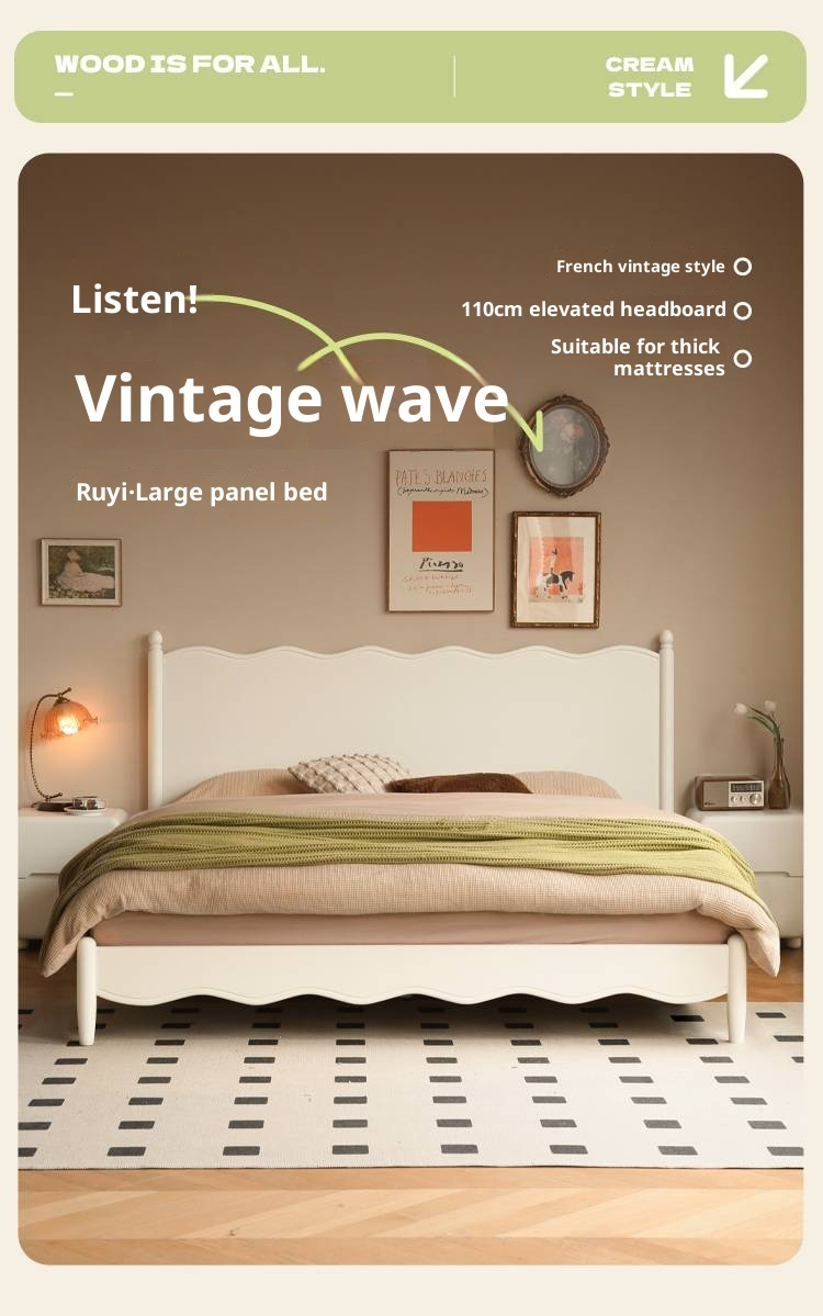 Rubberwood Solid Wood Bed, French Cream Style