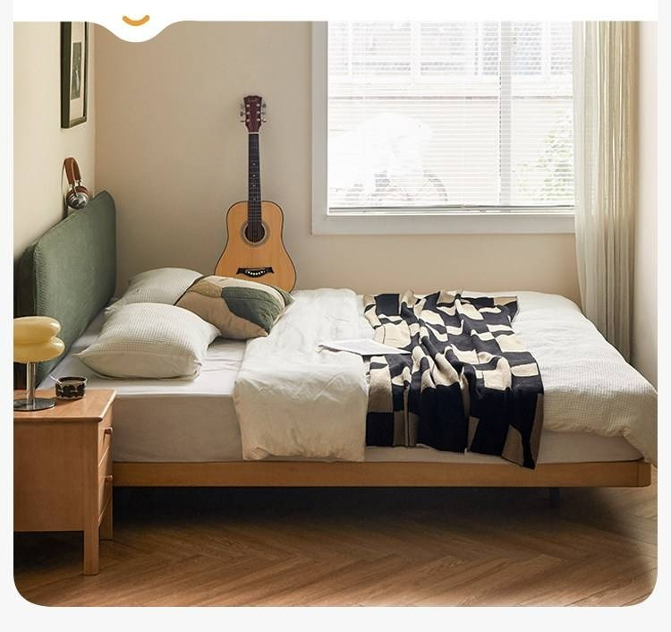 Beech Solid Wood Upholstered Bed — Retro Style with Floating Design, Luminous Light, Luxury Finish