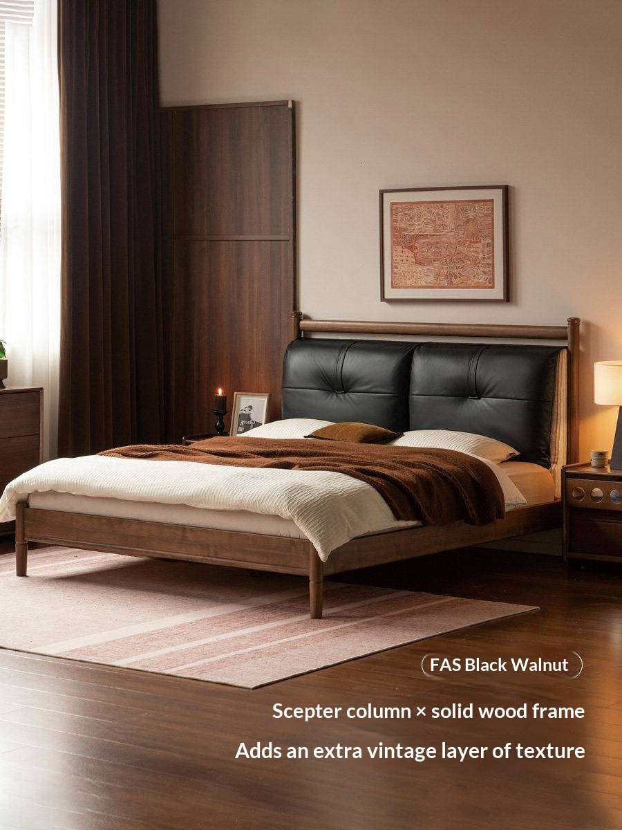 Black Walnut Solid Wood Bed with Plush Genuine Leather Cushioned Headboard