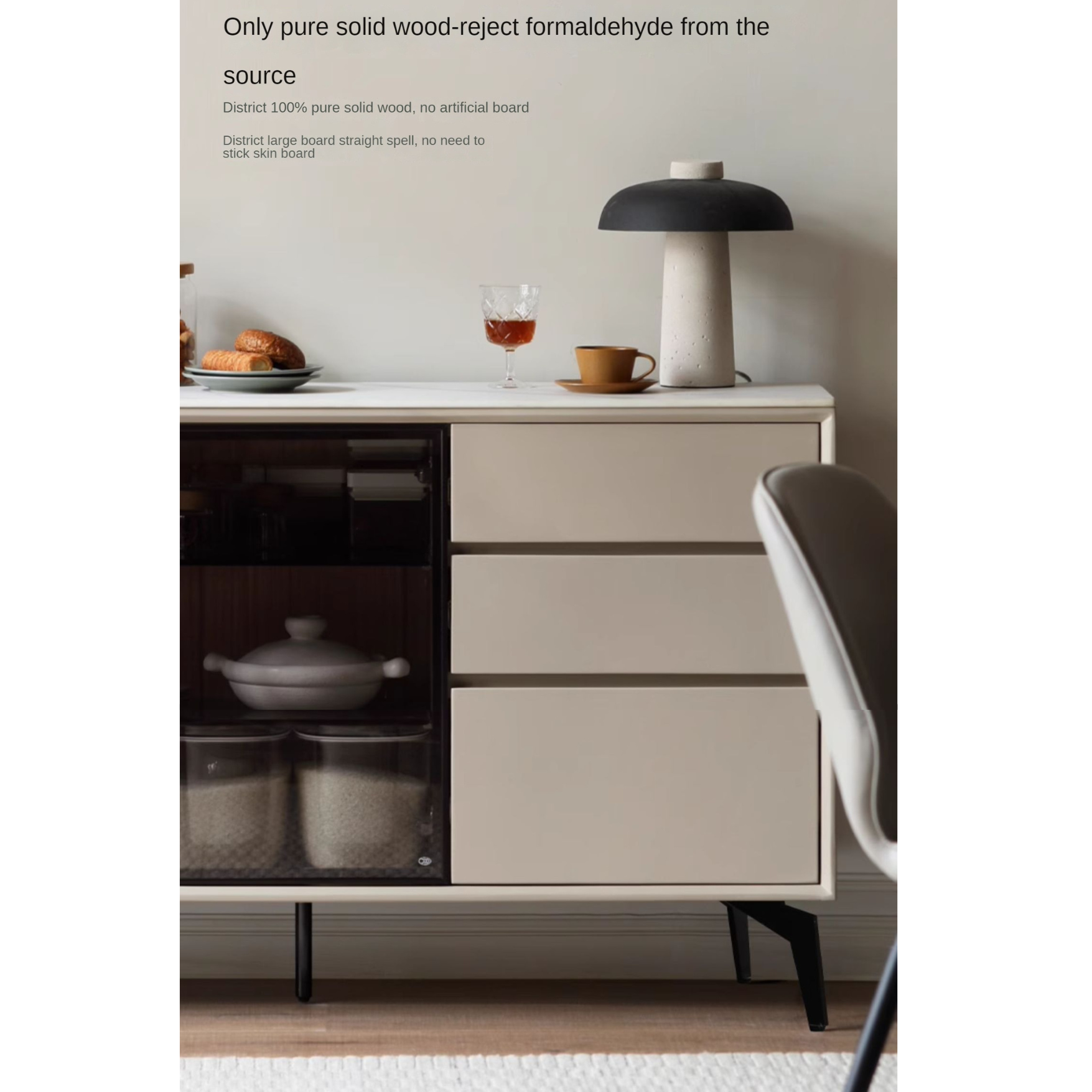 Poplar Solid Wood Rock Board Glass Door Dining Sideboard
