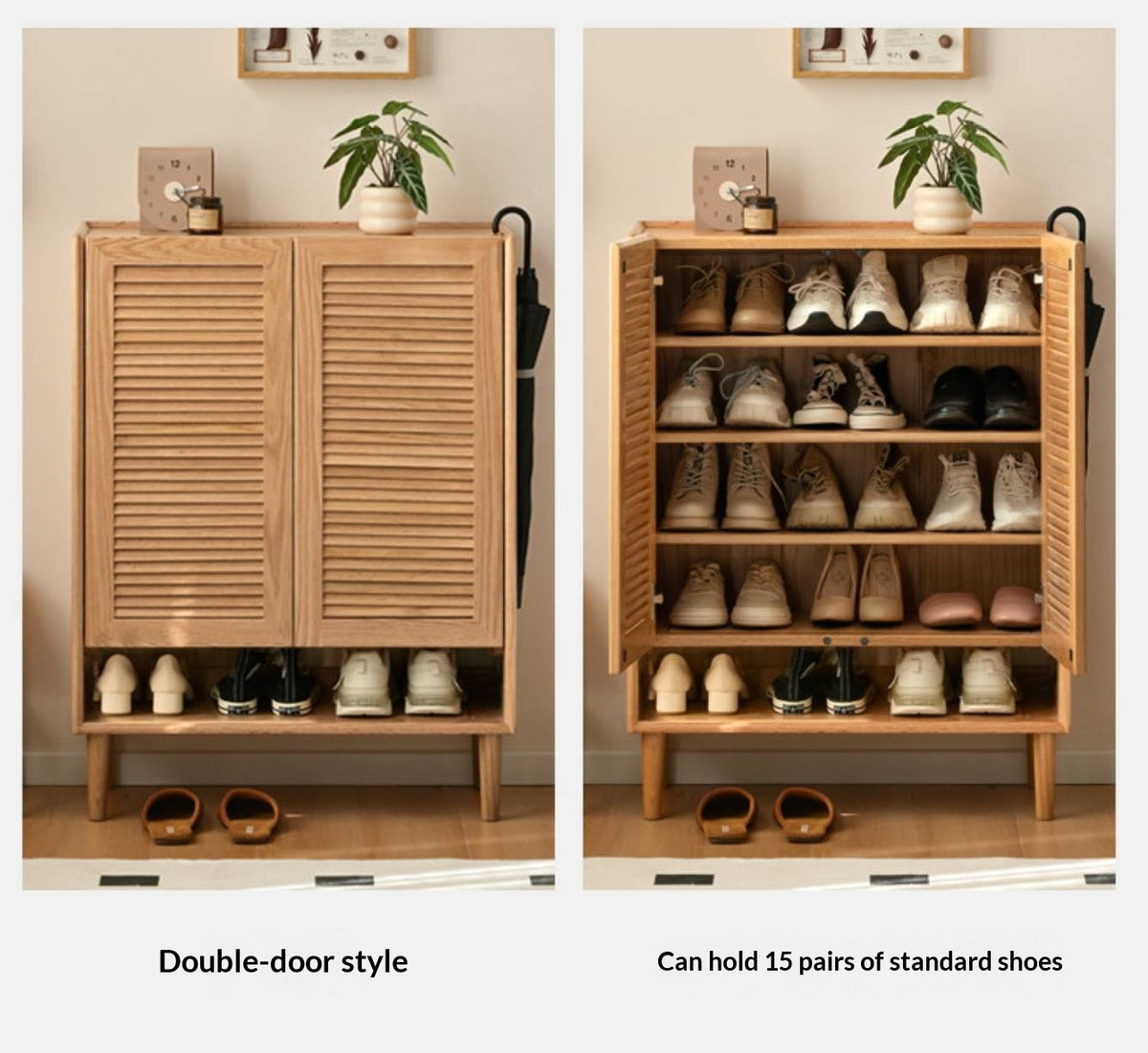 Oak Solid Wood Louvered Door Shoe Cabinet with Open Shelf for Entryway
