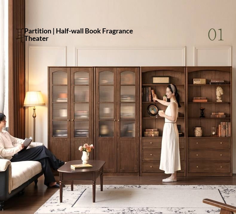 Black Walnut Solid Wood Bookshelf and Display Cabinet with Vintage French Profile