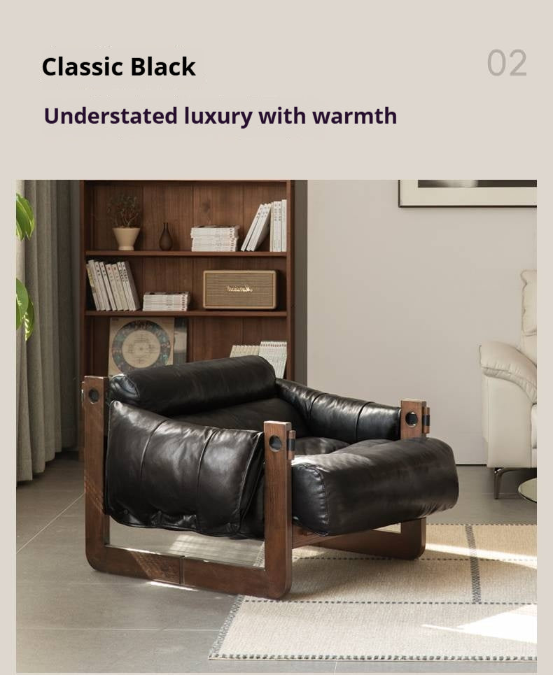 Genuine Leather Ash Solid Wood Sofa Chair, Mid-Century Style, Jersey Island Collection