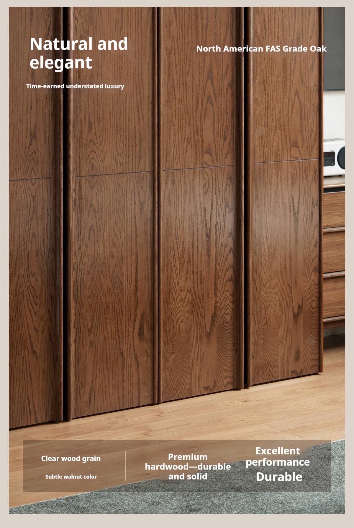 Oak Solid Wood Wardrobe with Italian Light Luxury Style and Double Doors