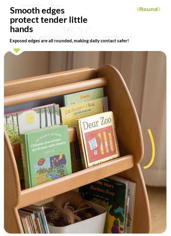 Beech, Poplar Solid Wood Movable Kids Bookshelf with Wheels, Multifunctional Storage