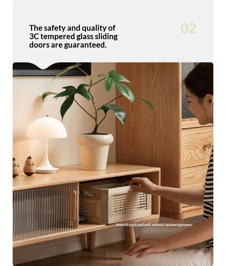 Solid RubberWood, Oak Solid Wood TV Stand Glass Sliding Door