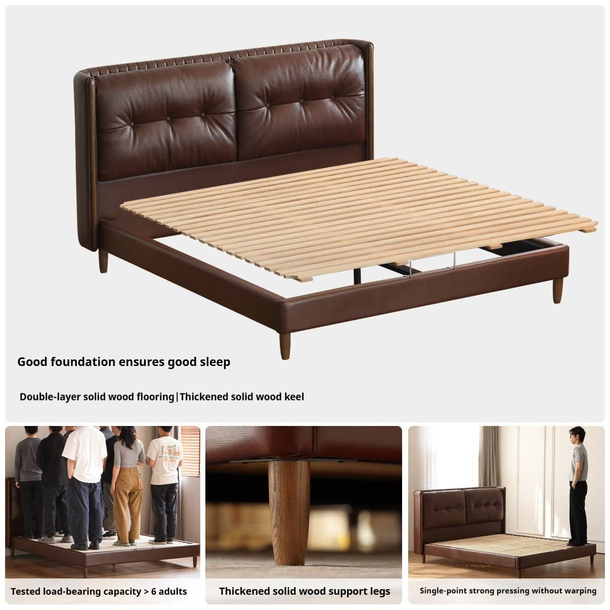 Ash solid wood Genuine Leather Tufted Wingback Bed with Extra Tall Headboard