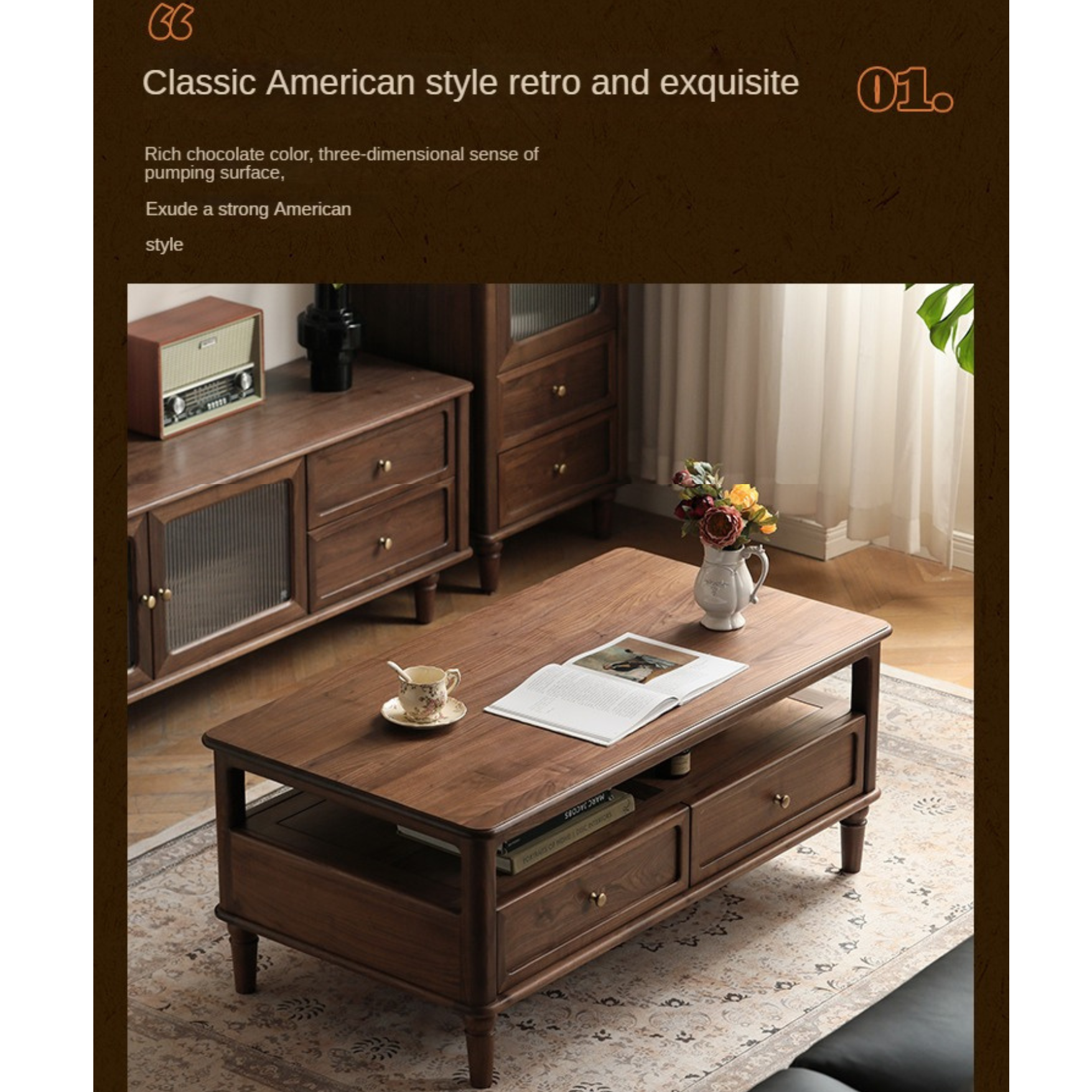 Black Walnut Solid Wood American Retro Coffee Table