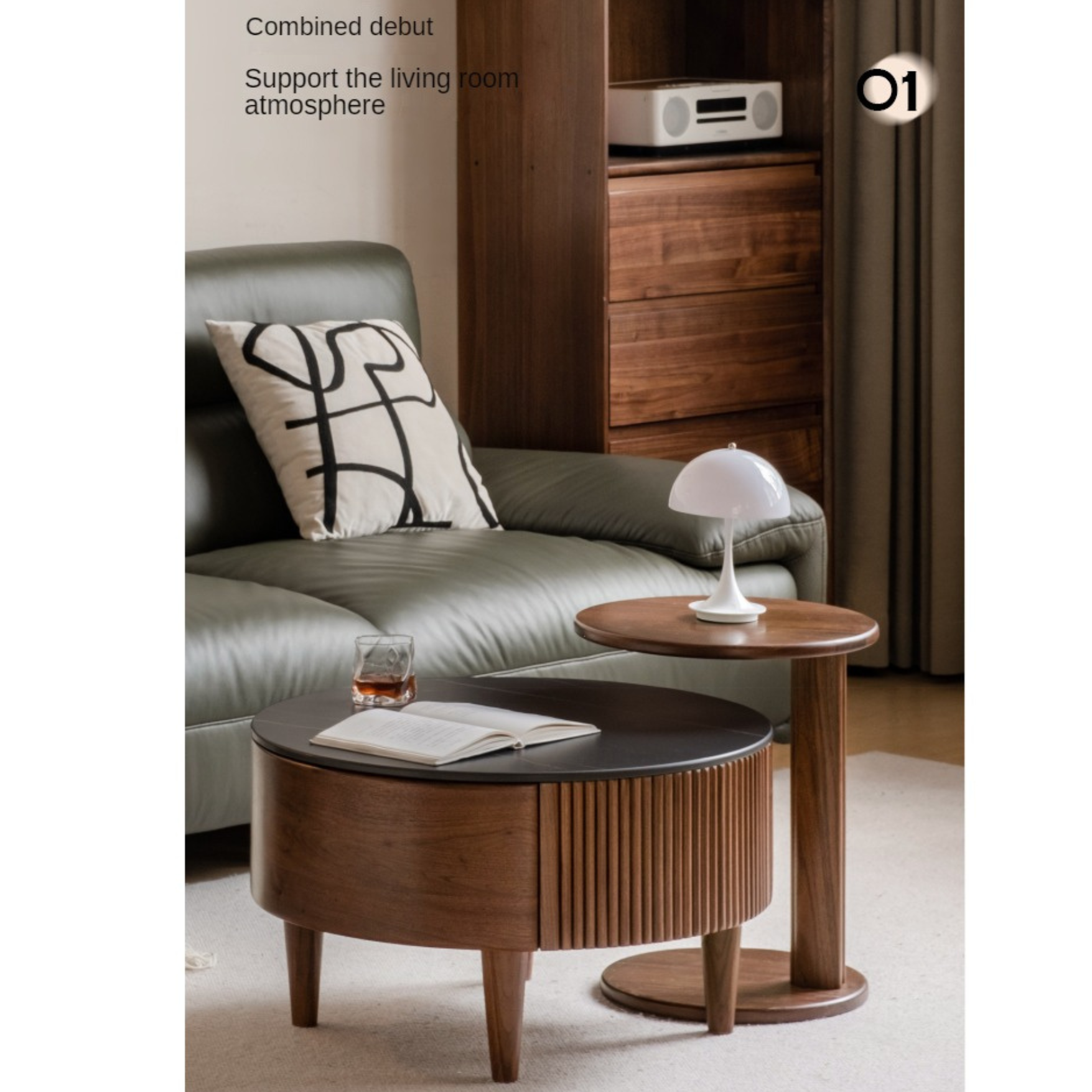 Black Walnut, Ash Solid Wood Combination Rock Plate Coffee Table