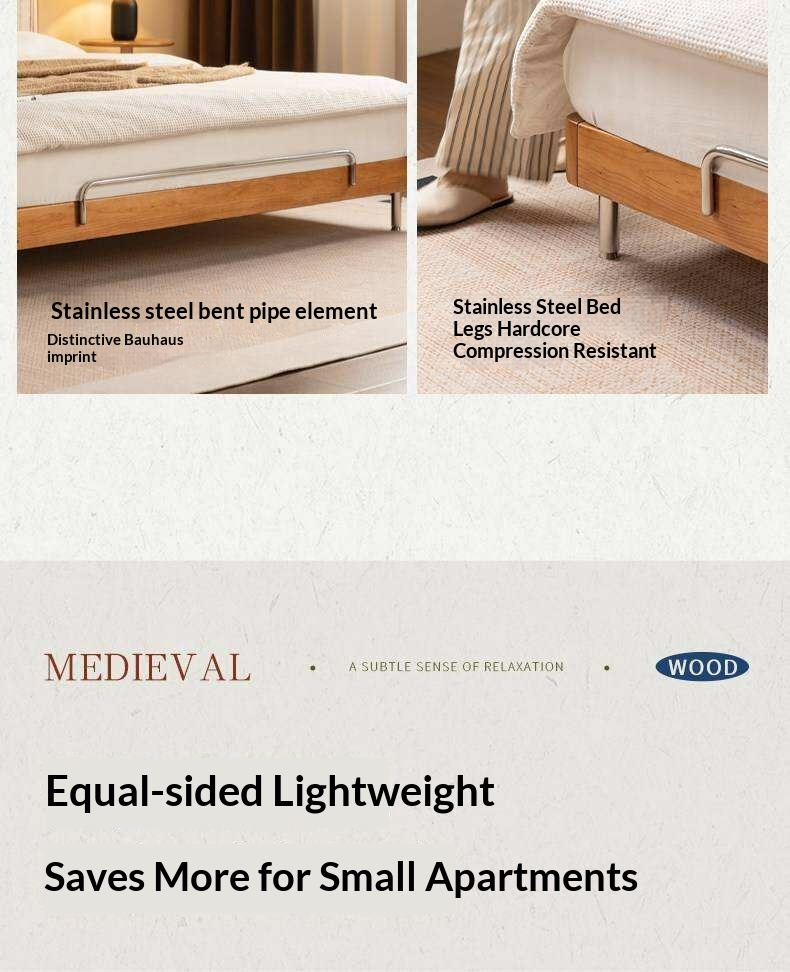 Cherry Solid Wood Bed with Modern Minimalist Design and Genuine Leather Headboard