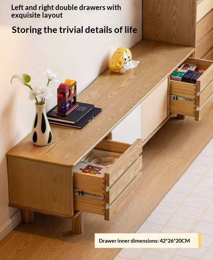 Ash Solid Wood TV Cabinet with Color Block Storage Design