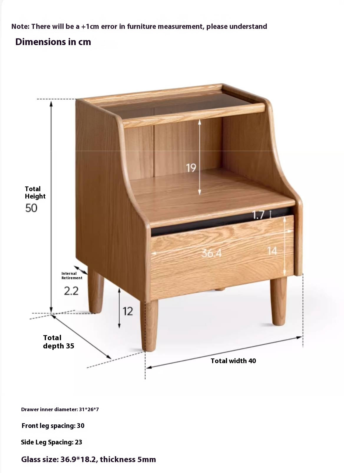 Solid RubberWood, Oak Solid Wood Nightstand with Glass Door with Storage