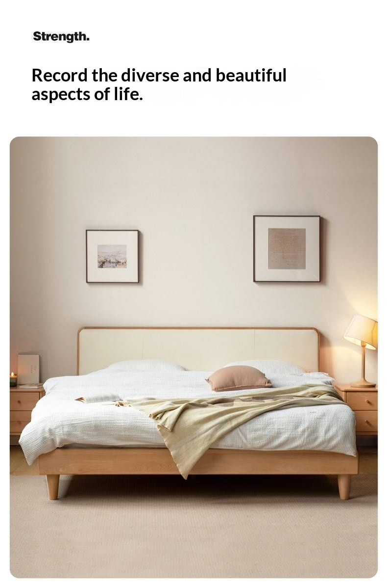 European Beech Solid Wood Bed — Soft Headboard, Simple Upholstered Light Luxury Bed