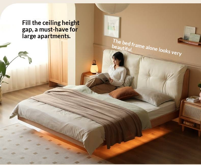 Oak Solid Wood Bed — Modern Minimalist, Genuine Leather Upholstered, Floating Design with Light