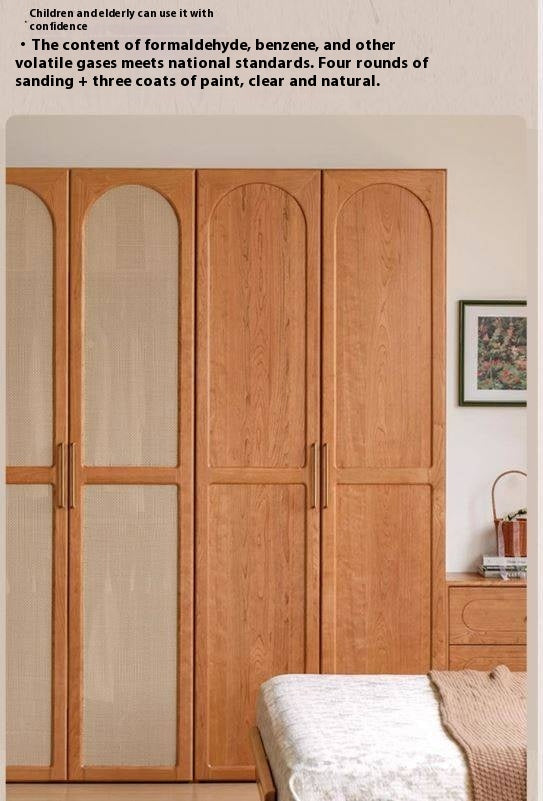 Cherry Solid Wood Swing Door Rattan Wardrobe