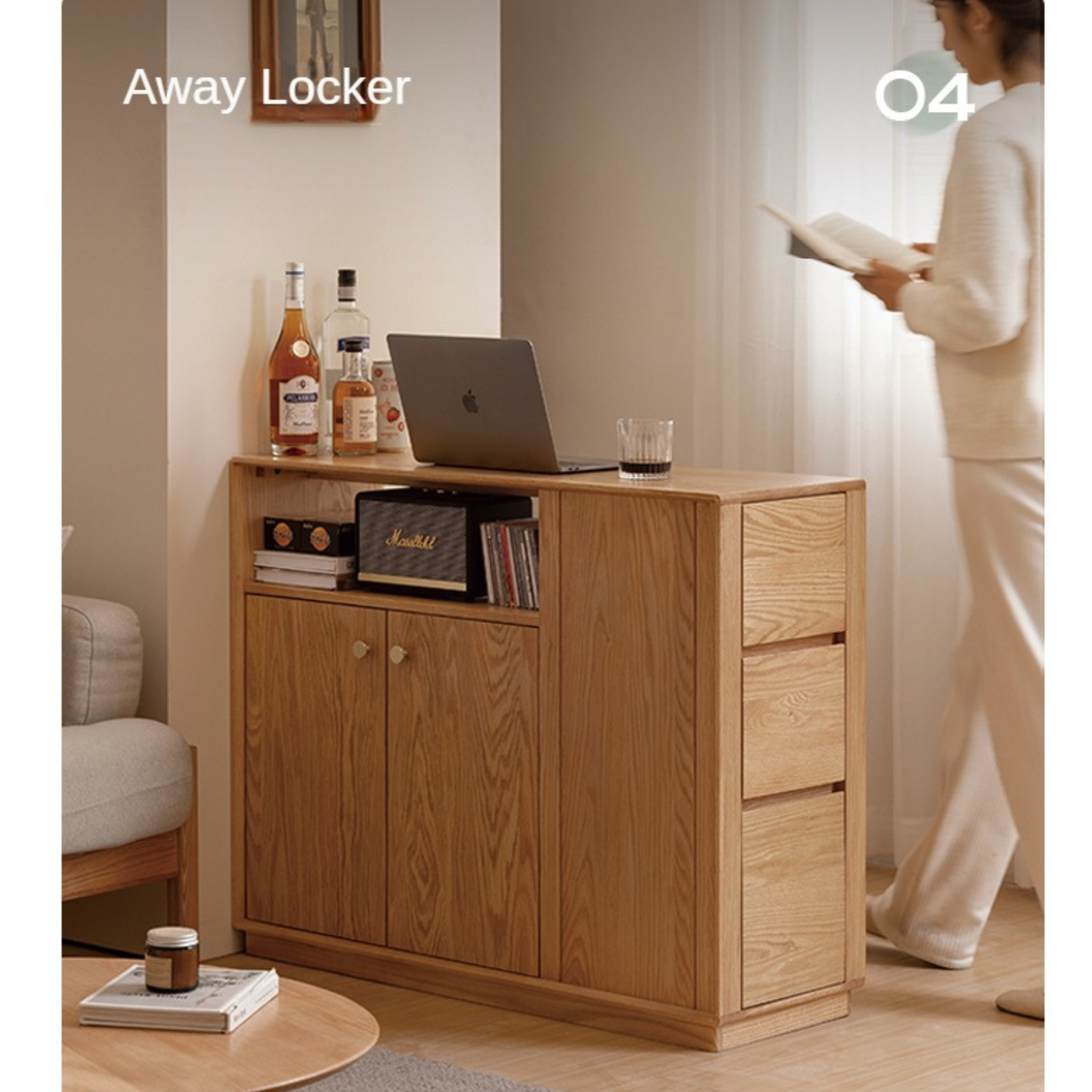 Oak Solid Wood, Solid RubberWood Nordic Modern Sideboard