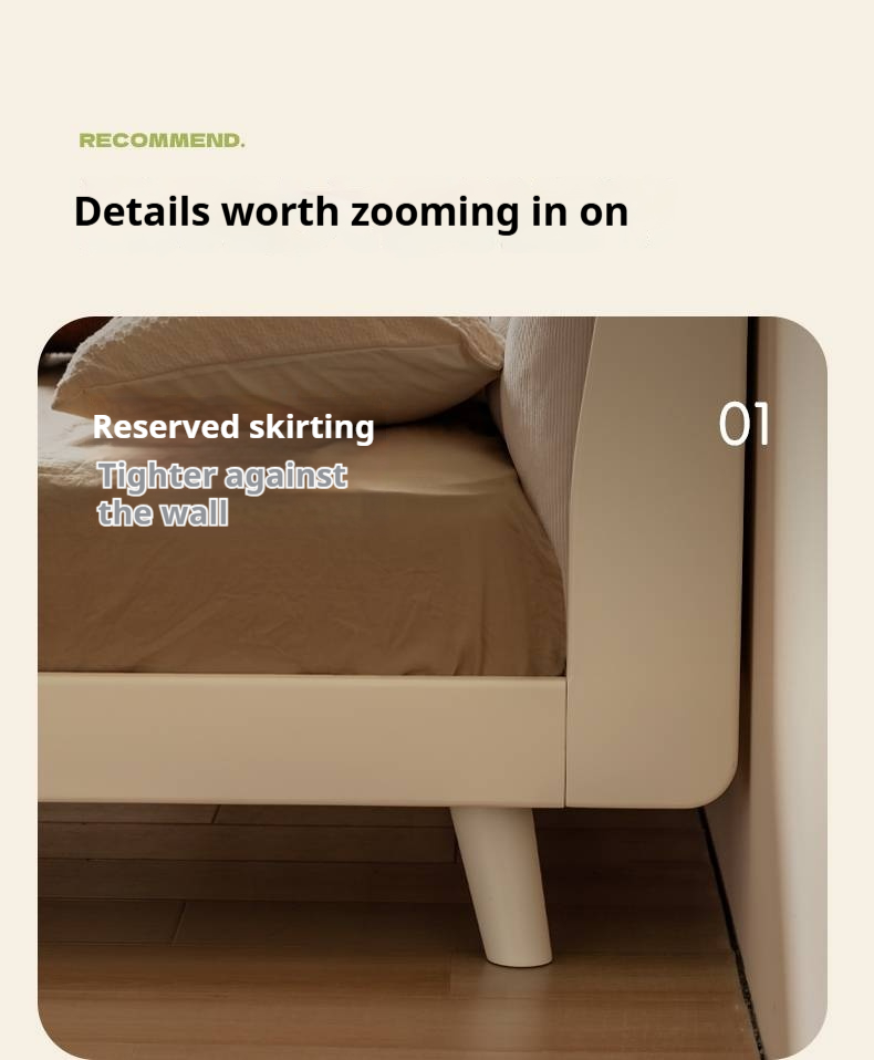 Oak, Rubberwood Solid Bed with Cream Finish — Casual Bedside with Soft Bag Backrest and White Soft Back