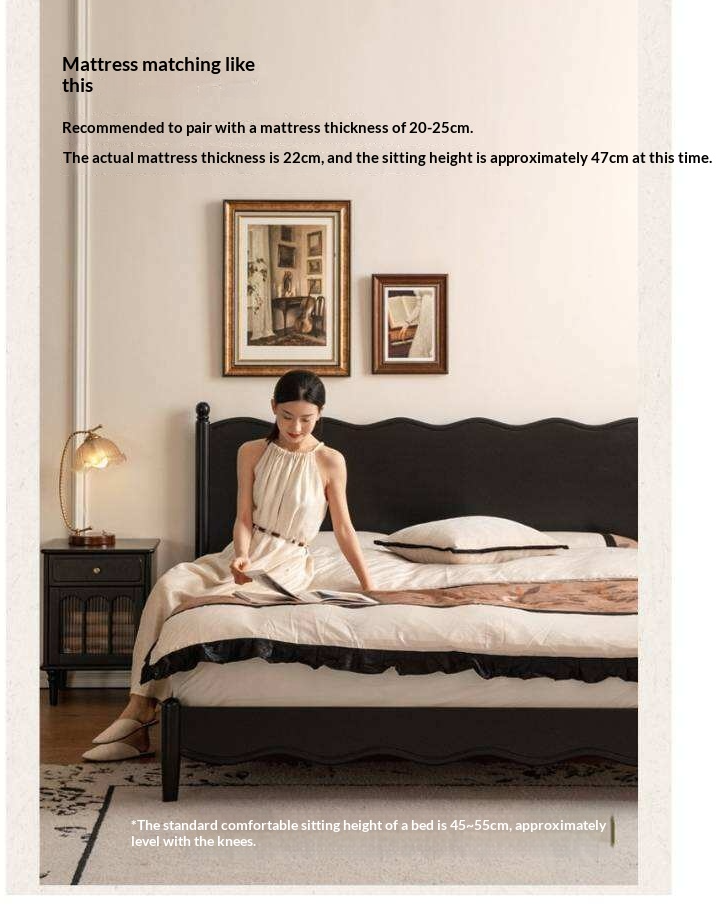 Rubberwood Solid Wood French Style Bed with Black Carved Headboard and Elegant Curved Frame