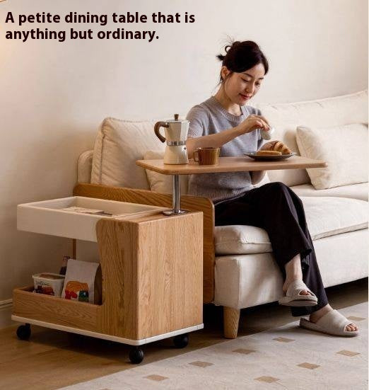 Oak Solid Wood Liftable Rotating Mobile Side Table