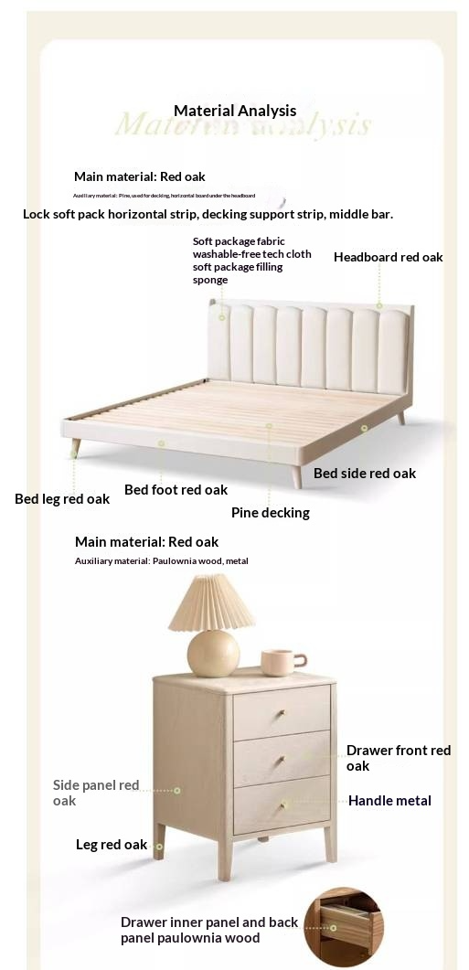 Oak Solid Wood Bed — Cream Style with White Harp Design, Home Charging Soft Backrest