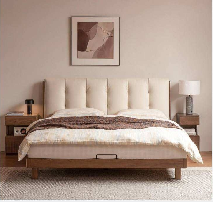 Black Walnut Solid Wood Leather Upholstered Platform Bed with Vertical Channel Tufted Headboard
