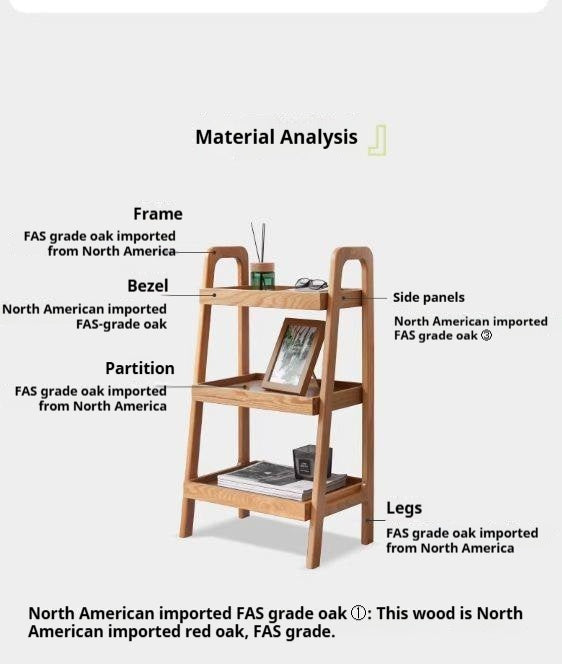 Oak Solid Wood Trapezoidal Three-Tier Bookshelf, Side Table