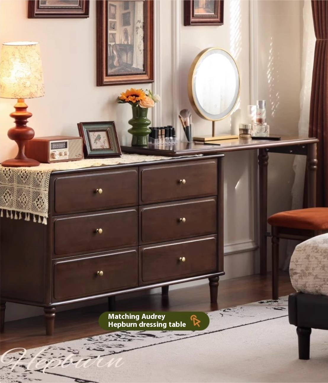 Black Walnut Solid Wood American Retro Style Makeup Stool