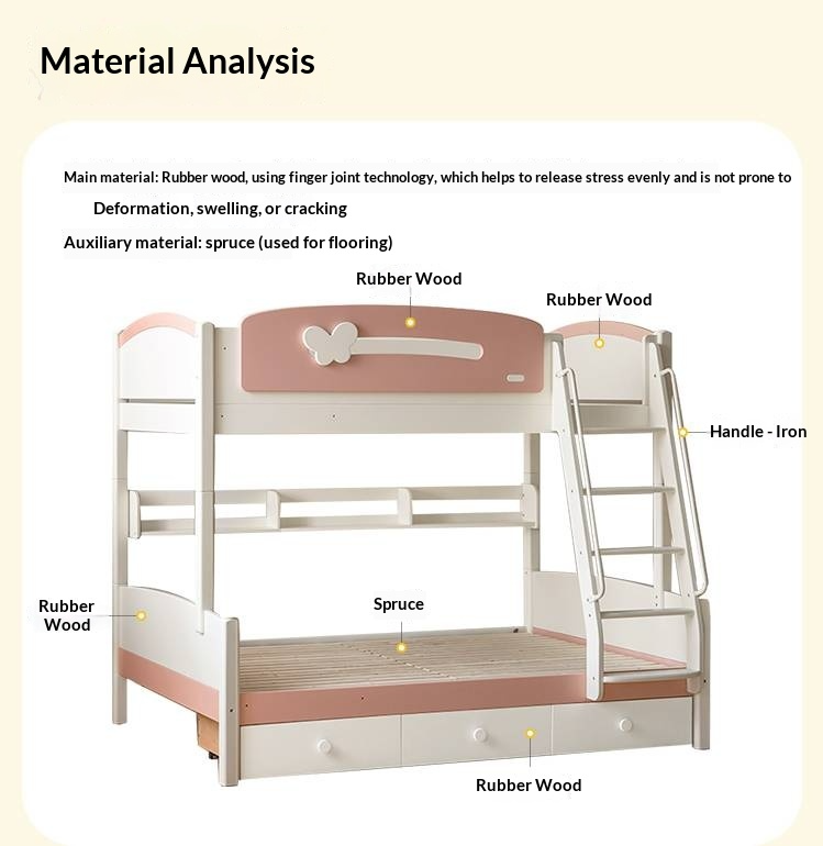 Rubberwood Solid Wood Children's Princess Storage Bunk Bed